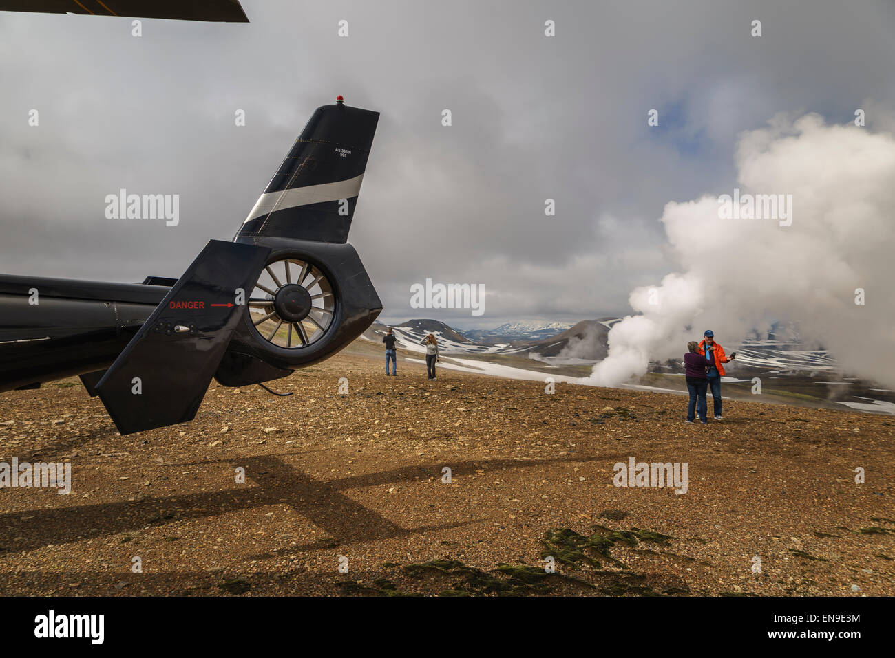 Hubschrauber, Dampf aus geothermischen Feldern, in der Nähe von hrafntinnusker, Landmannalaugar, Central Highlands, Island Stockfoto