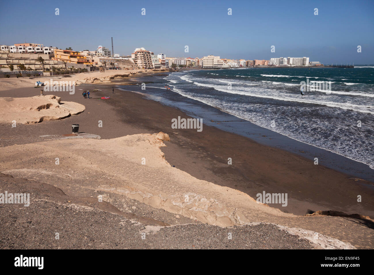 Strand und das Dorf El Medano, Granadilla de Abona, Teneriffa, Kanarische Inseln, Spanien, Europa Stockfoto