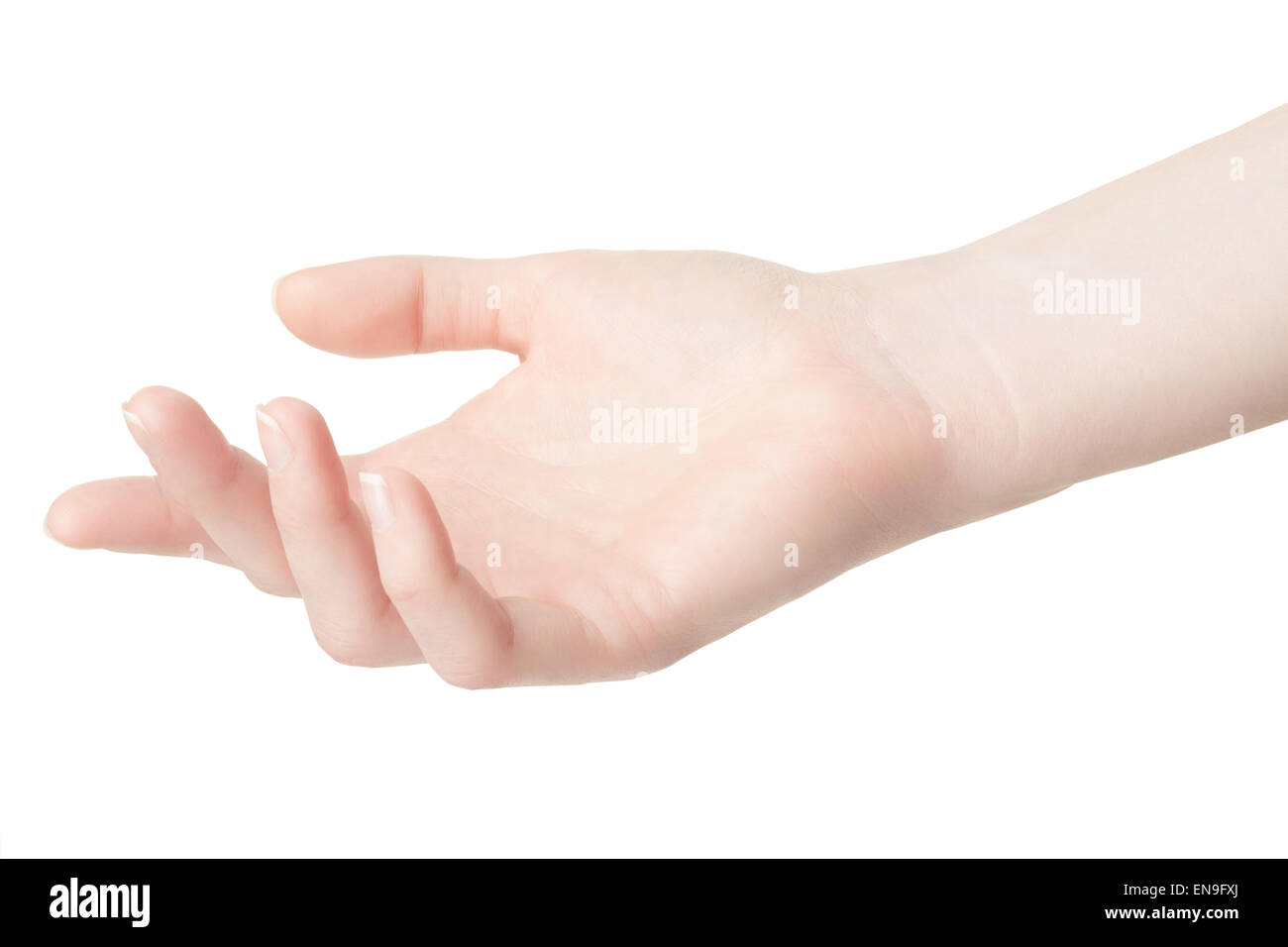 Leere, offene Frau Hand auf weiß Stockfoto