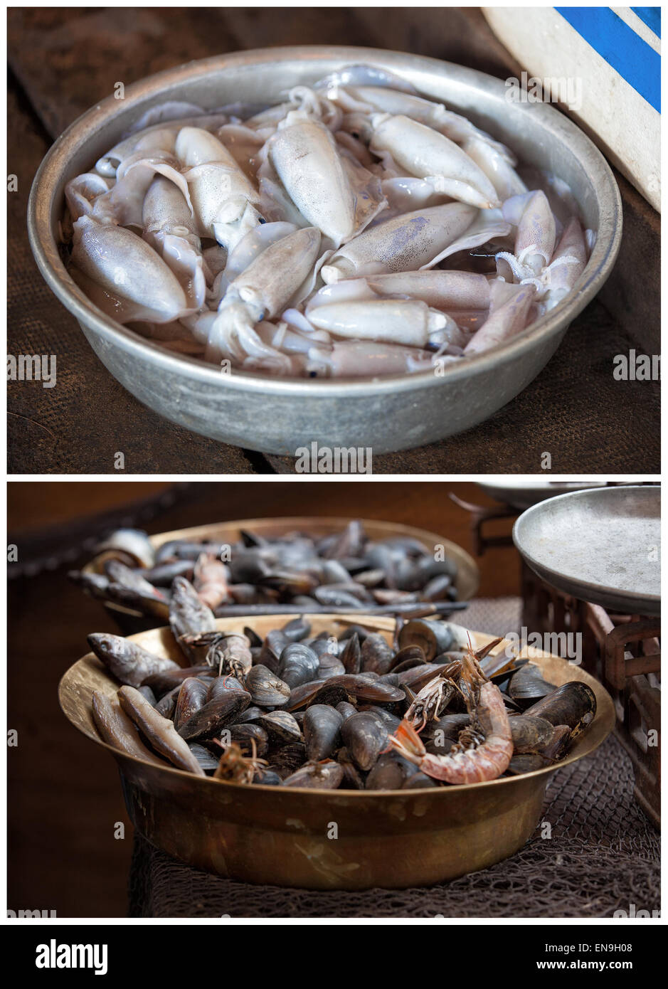 Traditionelle asiatische Marktstand voller frische Meeresfrüchte collage Stockfoto