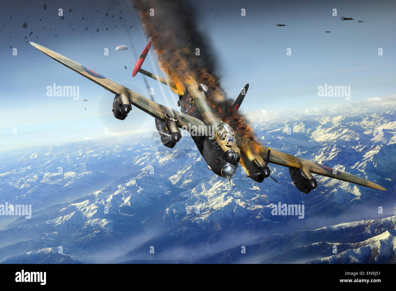 Der Abschuß in Flammen von Lancaster LM 756, PG-F von Nr. 619 Squadron RAF am 25. April 1945 über Berchtesgaden. Stockfoto