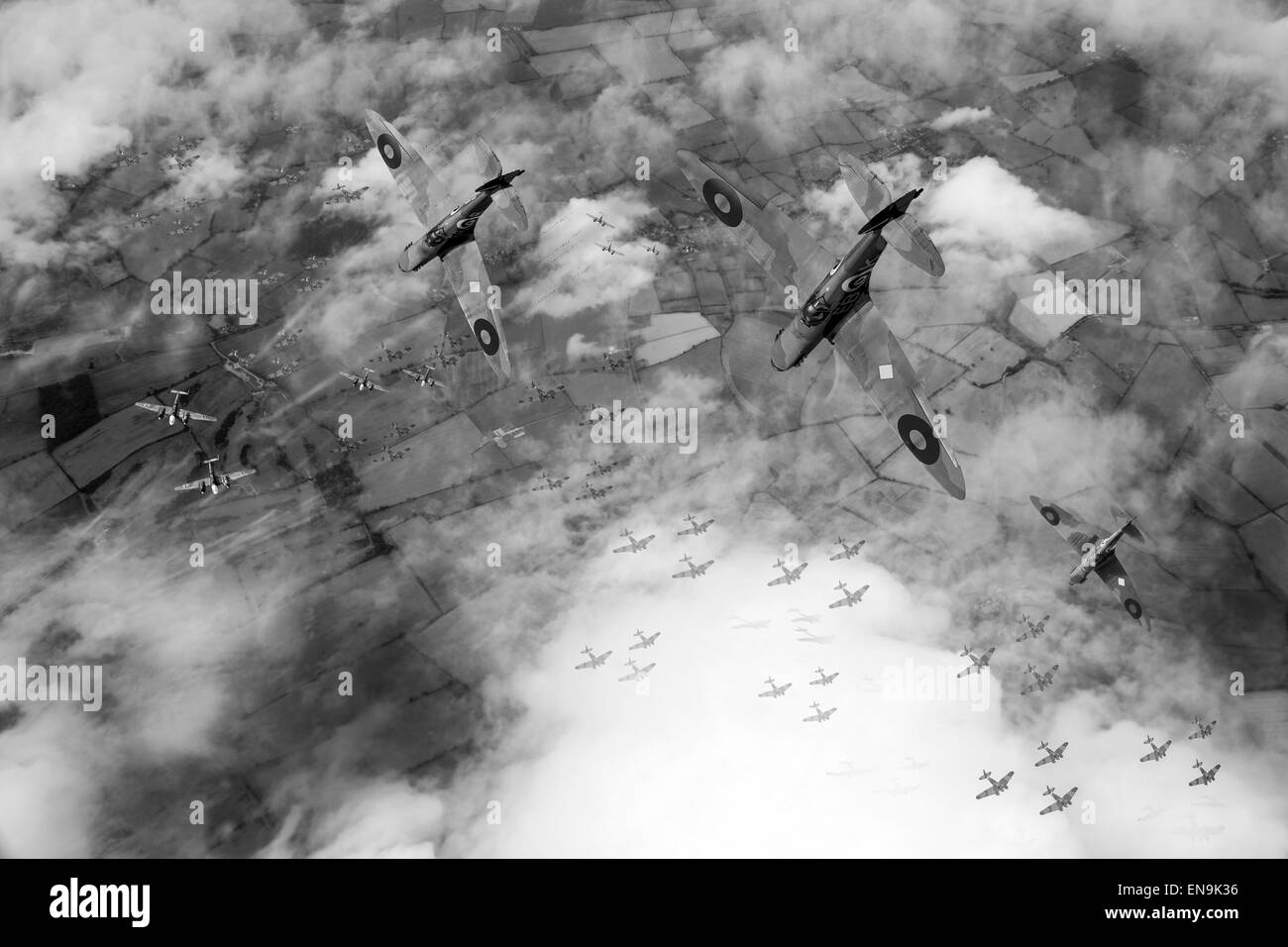 RAF Spitfires lokalisieren die Luftwaffe Bomber-Bildung, die sie vektorielle wurde haben, um über England im Sommer 1940 abzufangen. Stockfoto