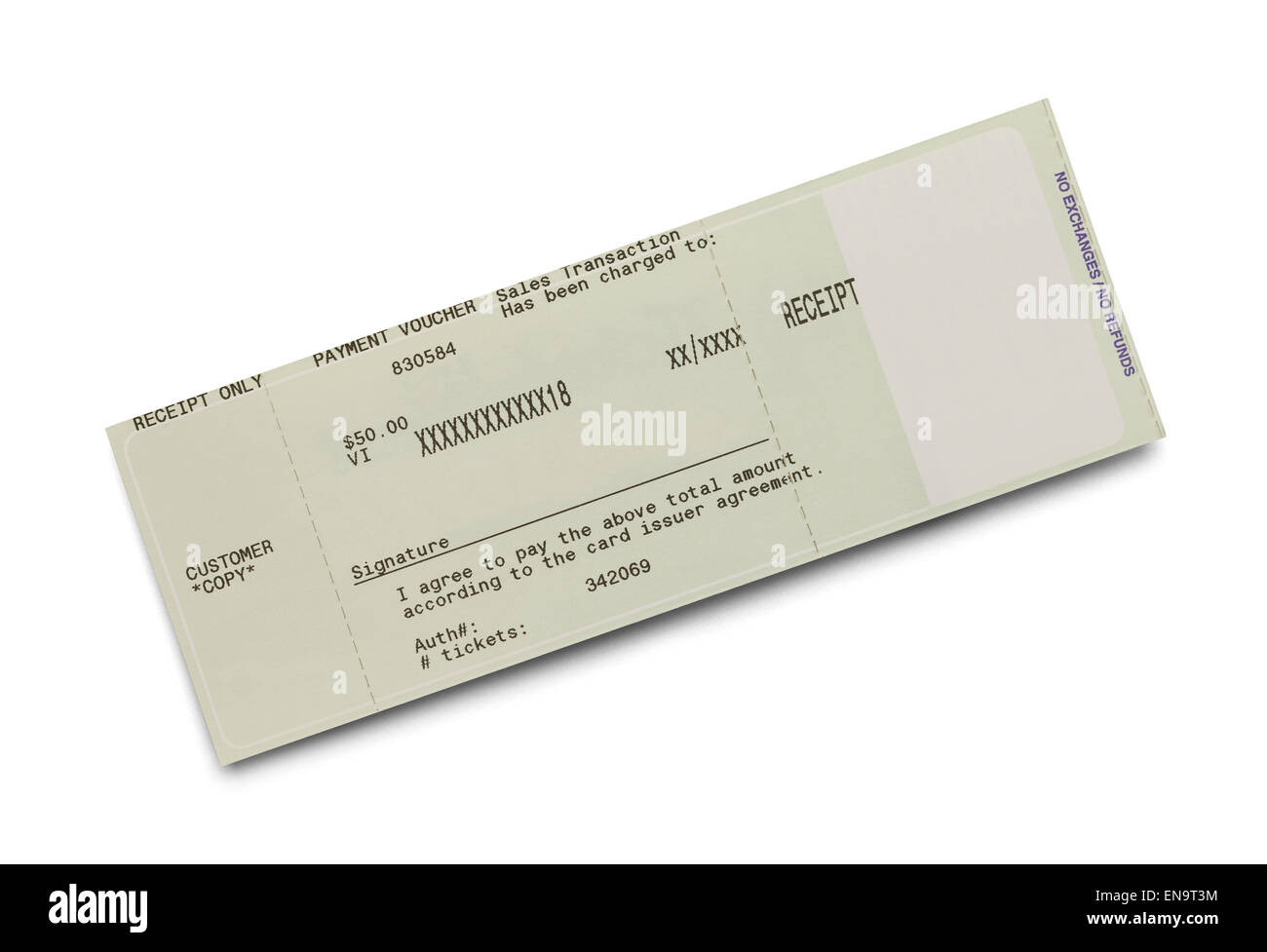 Kreditkarten-Ticket-Bestätigung, Isolated on White Background. Stockfoto