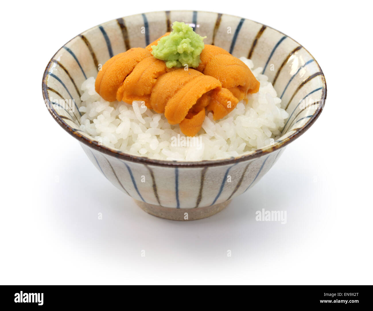 Japanische grüne Seeigel Rogen, Ezo Bafun Uni japanische Seeigel Rogen auf Reis Stockfoto