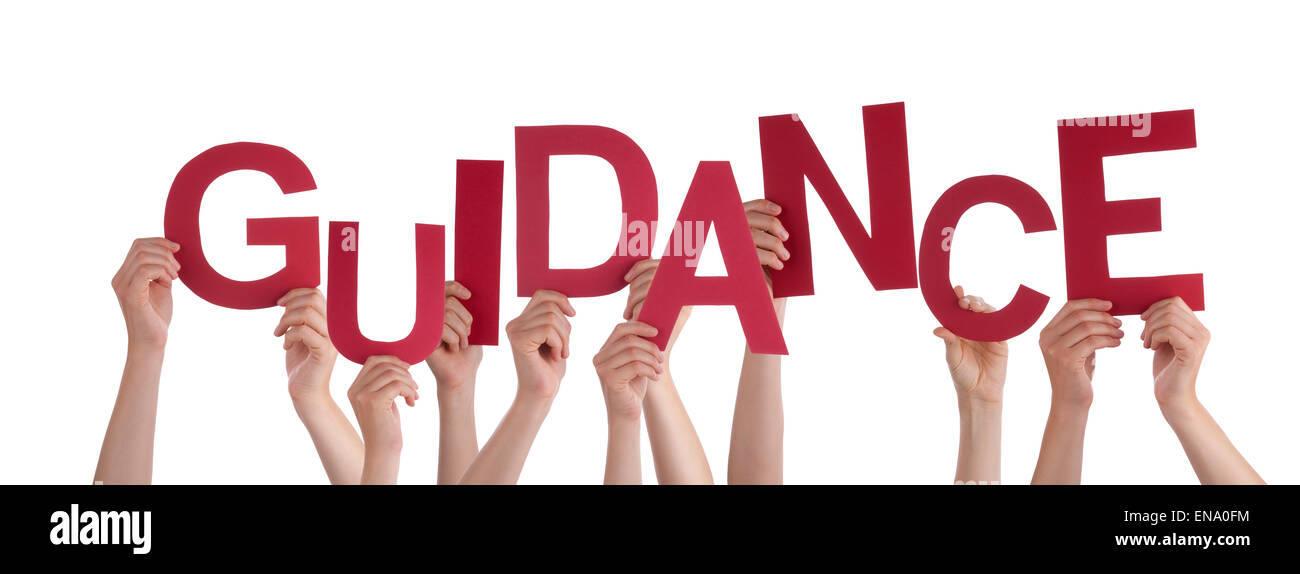 Viele Menschen Hände halten rote Wort Anleitung Stockfoto