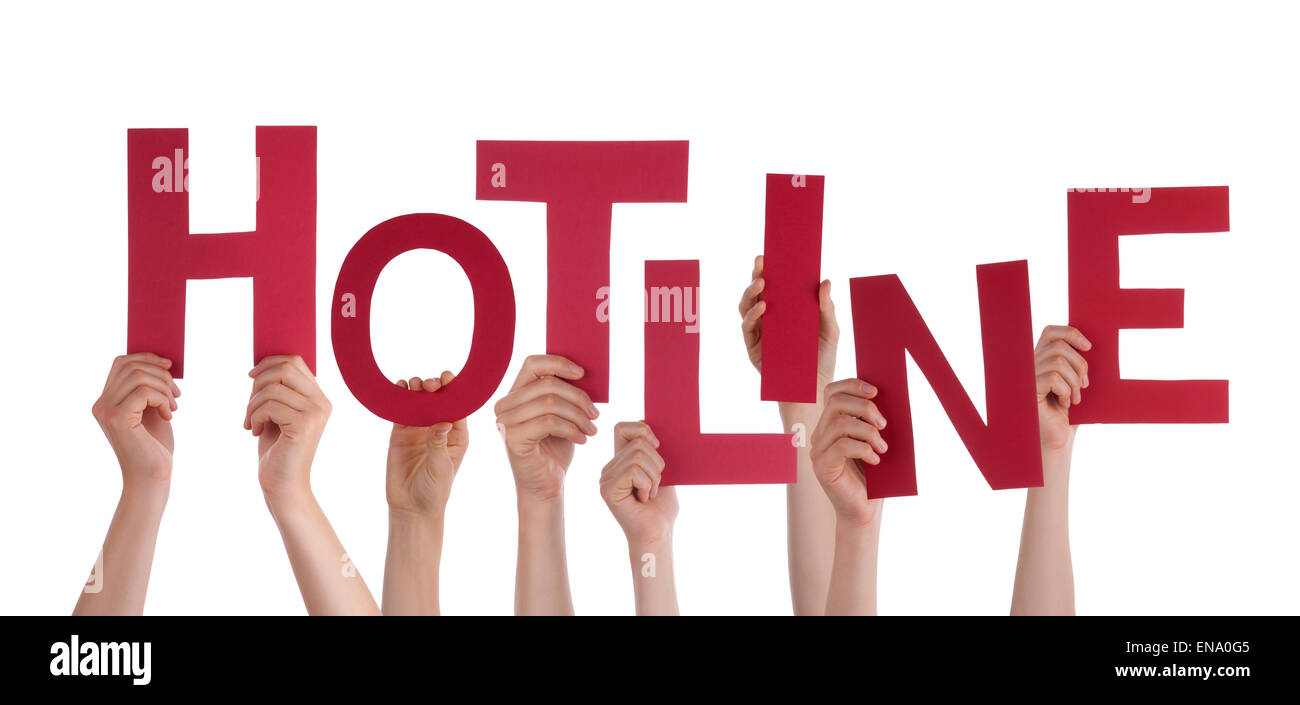 Viele Menschen Hände halten rote Wort Hotline Stockfoto