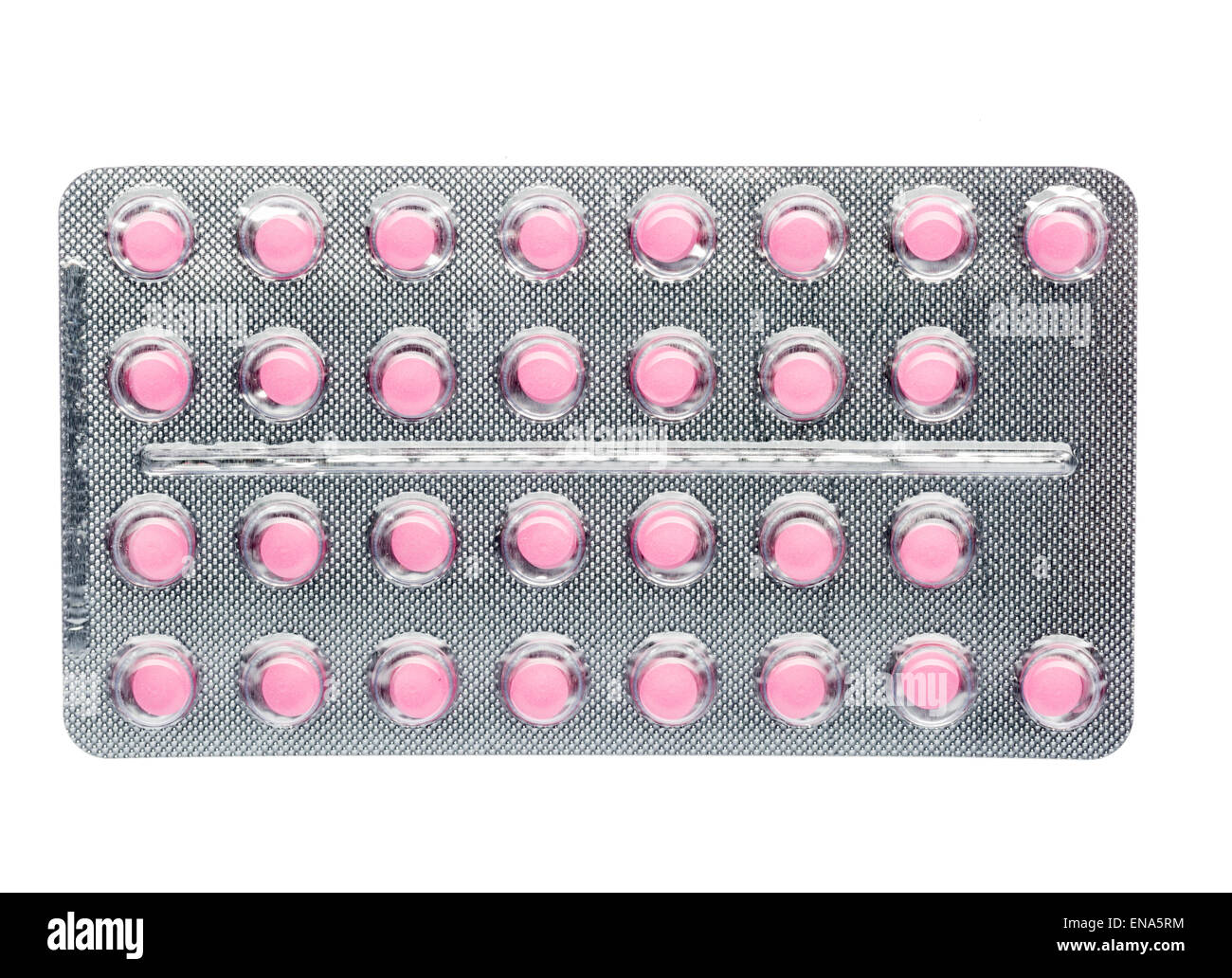 Die rosa Pillen in einem Blister auf isolierte Hintergrund Stockfoto