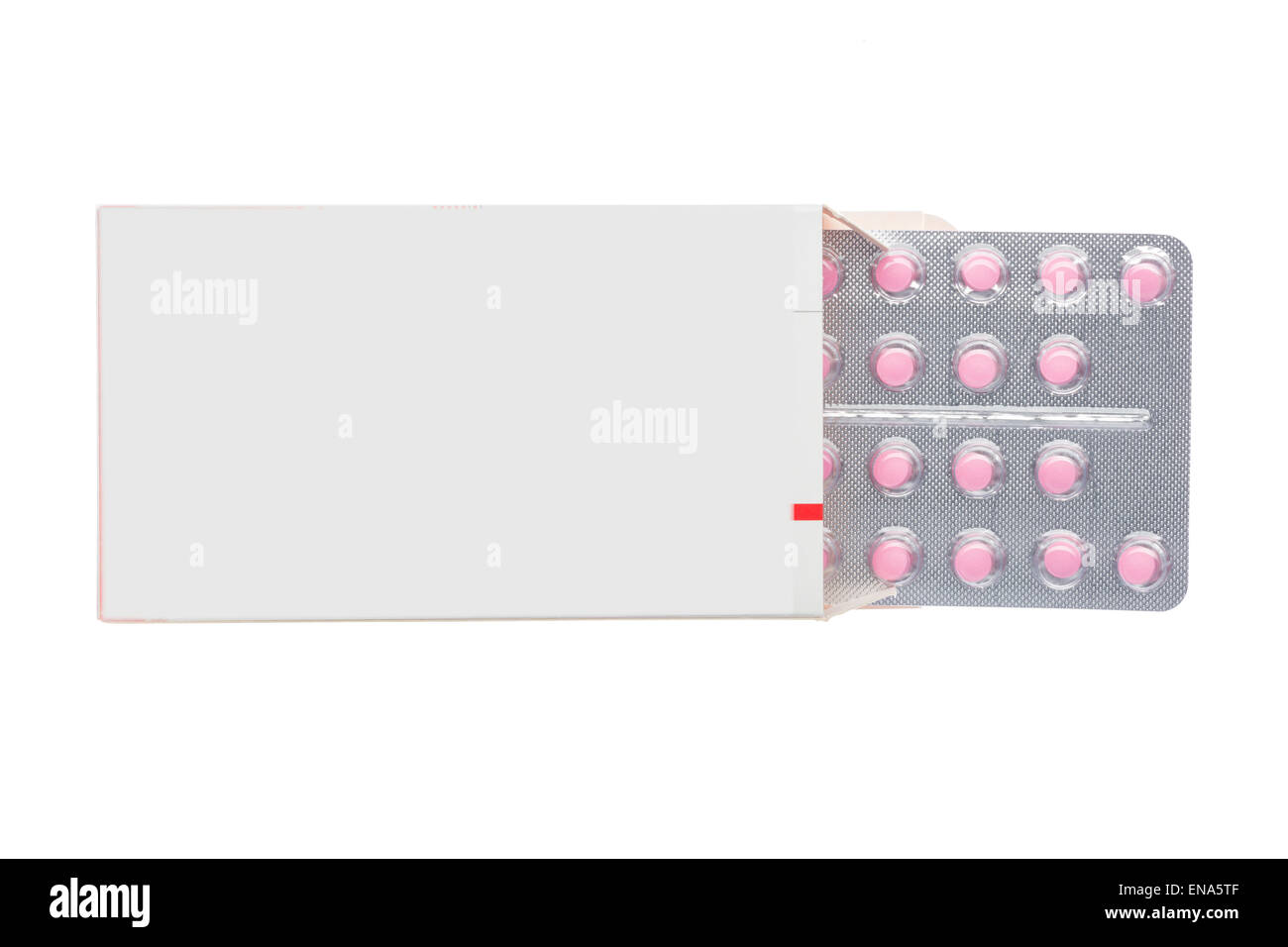 Graue Box mit rosa Pillen in einem Blister Pack auf einem isolierten Hintergrund Stockfoto
