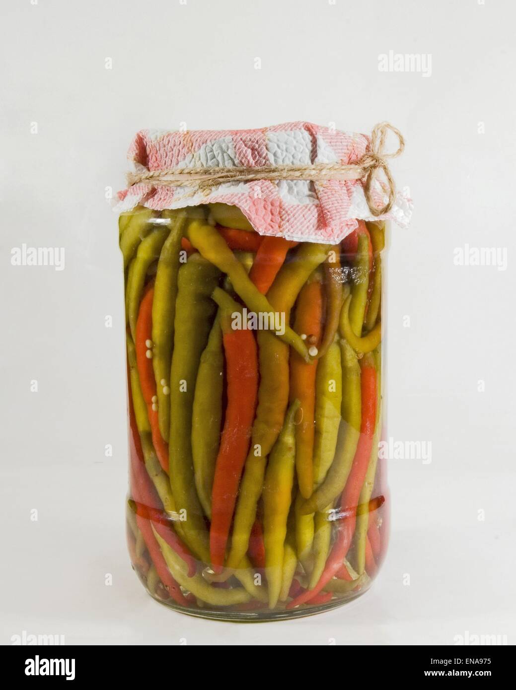 Ein Glas hausgemachte Chili-Paprika in einer Lösung aus Essig, Wasser und Salz. Stockfoto