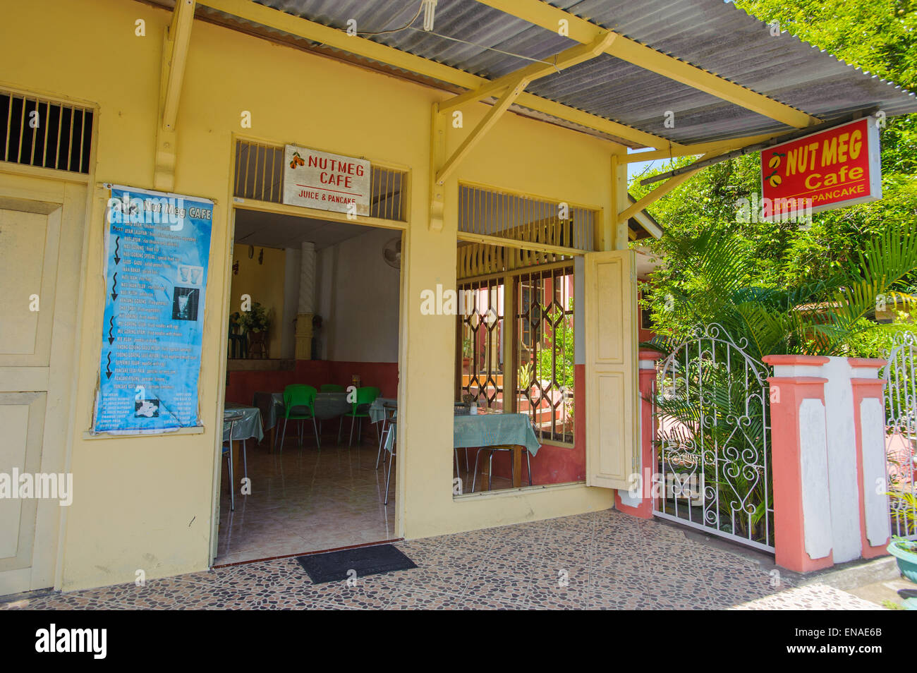 Die Muskatnuss Cafe in Banda Neira Insel. Stockfoto