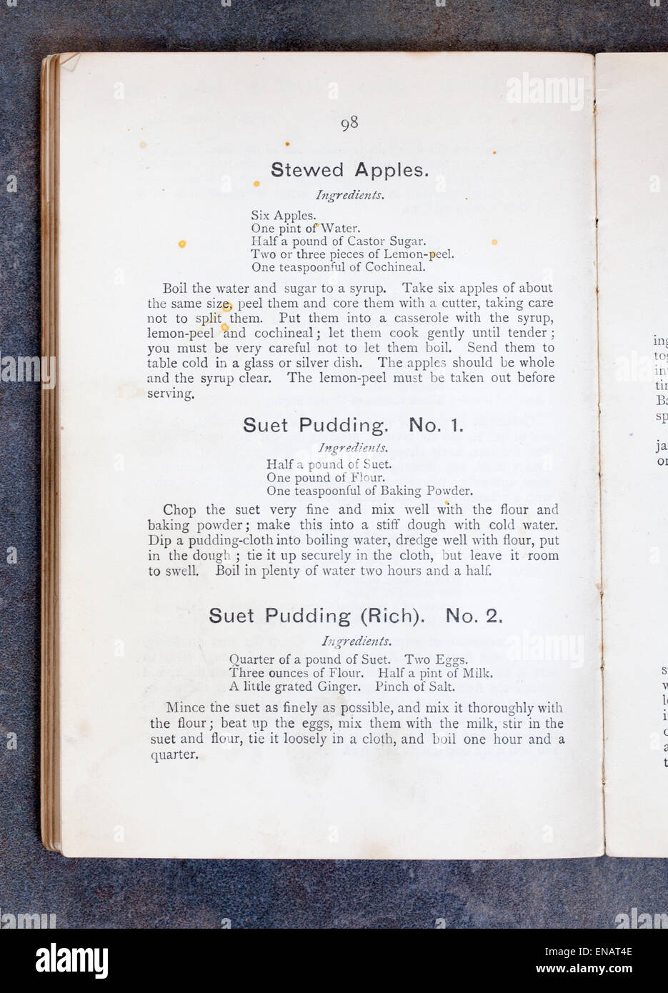 Gedünstete Äpfel Suet Pudding Rezepte in alten Vintage Kochbuch Stockfoto
