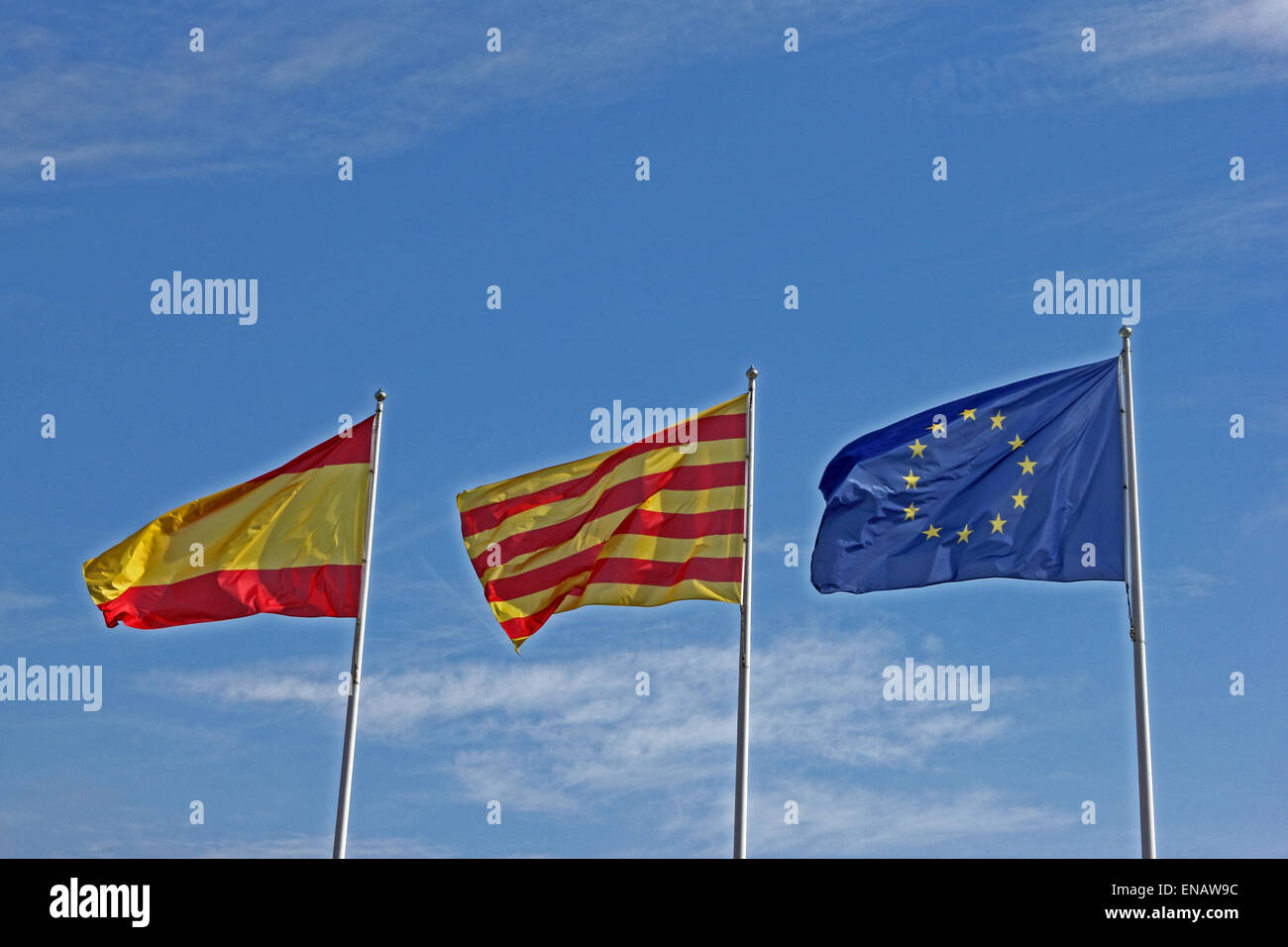 Katalanisch, Spanisch und Europäische Union Flaggen. Stockfoto