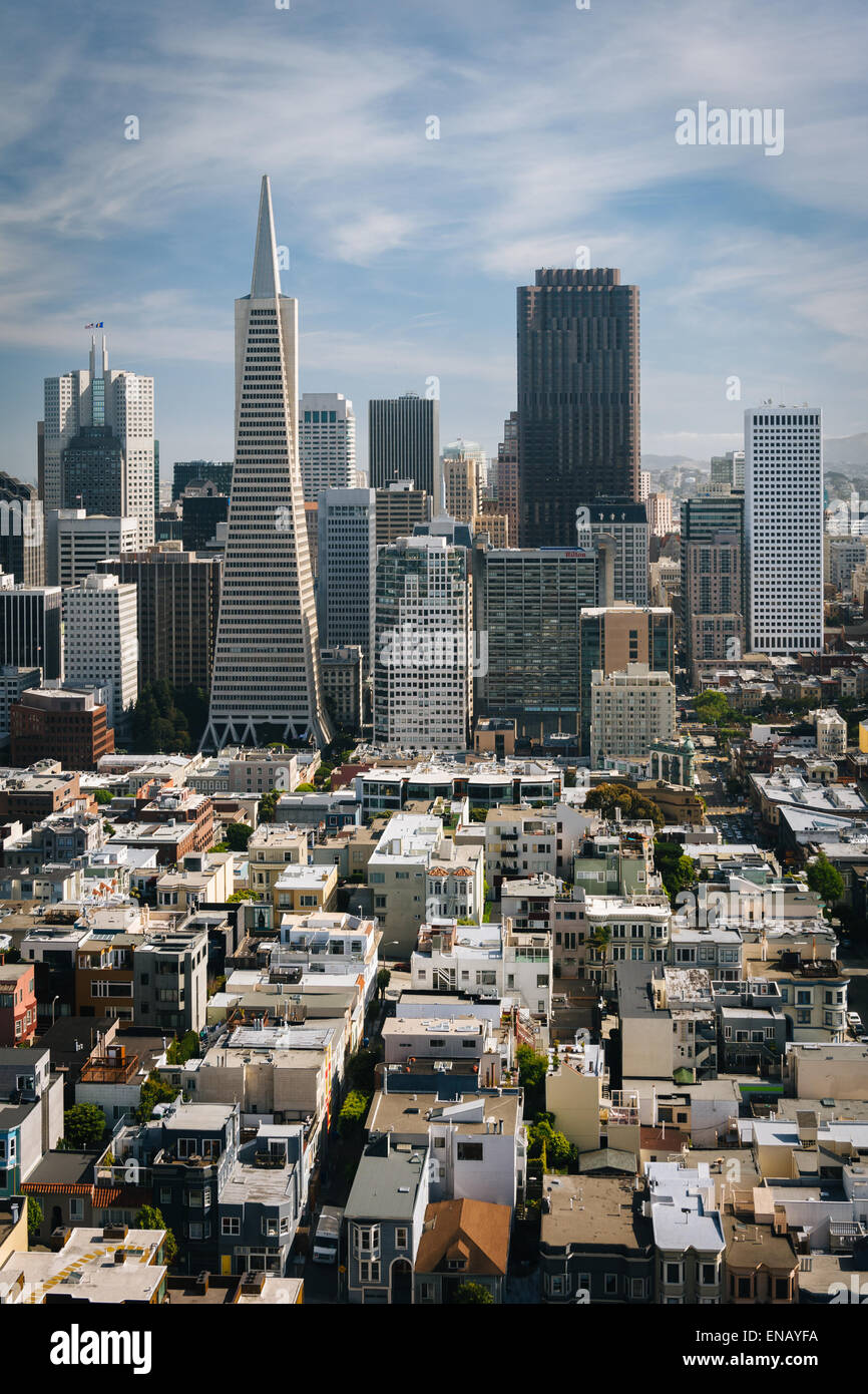 Blick auf die Skyline der Innenstadt vom Coit Tower in San Francisco, Kalifornien. Stockfoto
