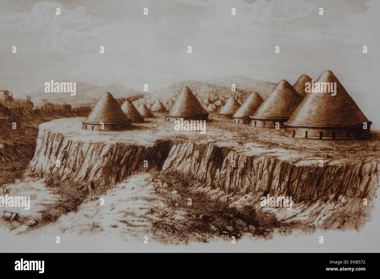 Sepia Darstellung der etruskischen Nekropole von La Banditaccia, Cerveteri, Rom, Italien, zeigt alten Friedhof Stockfoto