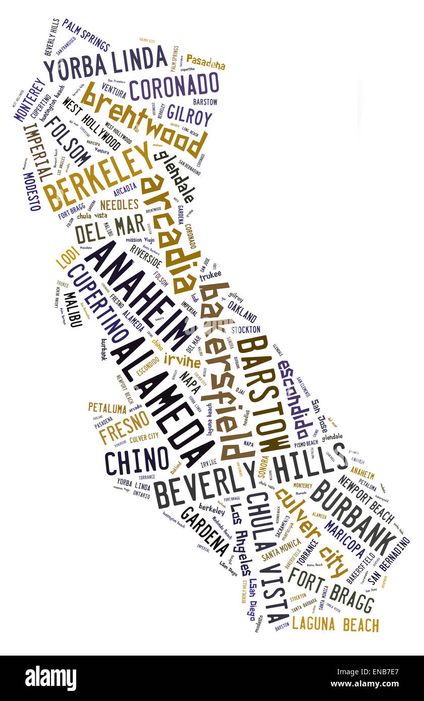 Wort-Wolke in der Form von Kalifornien zeigen Städte in Kalifornien Stockfoto