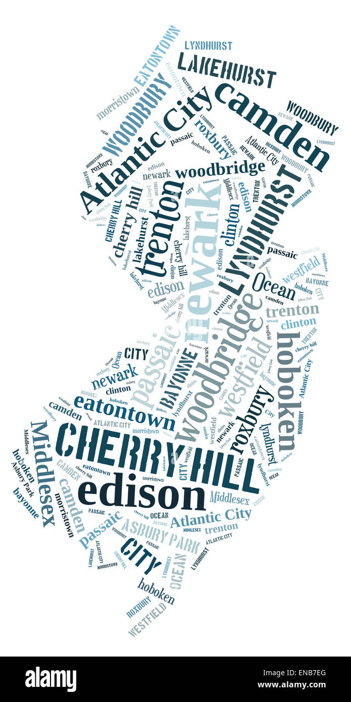 Wort-Wolke in der Form von New Jersey zeigt einige der Städte im Zustand Stockfoto
