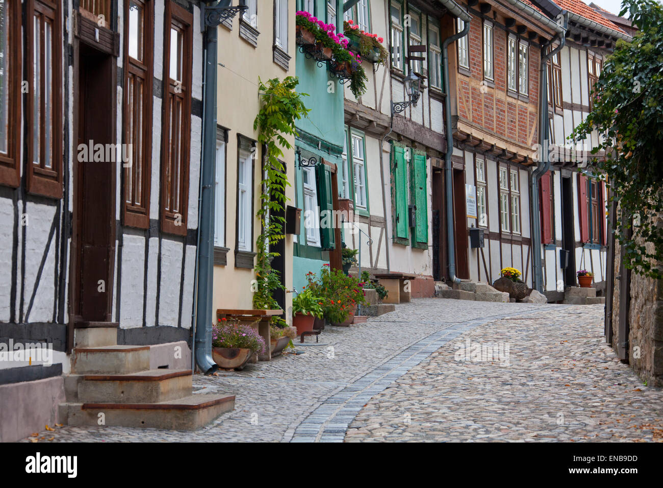 Mittelalterliches Fachwerk Häuser am Schlossberg, Quedlinburg, Sachsen-Anhalt, Deutschland Stockfoto