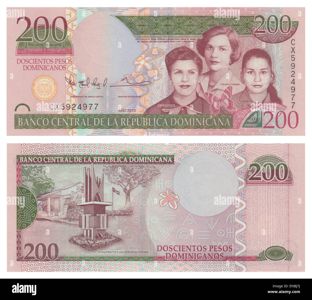 Vorder- und Rückseite der Dominikanischen Republik neue 200 Peso-Banknote (2013) Stockfoto