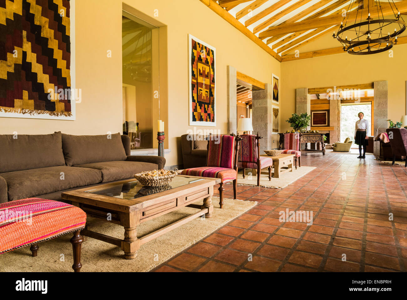 Lobby des Inkaterra Hacienda Urubamba, Heiliges Tal, Peru. Stockfoto