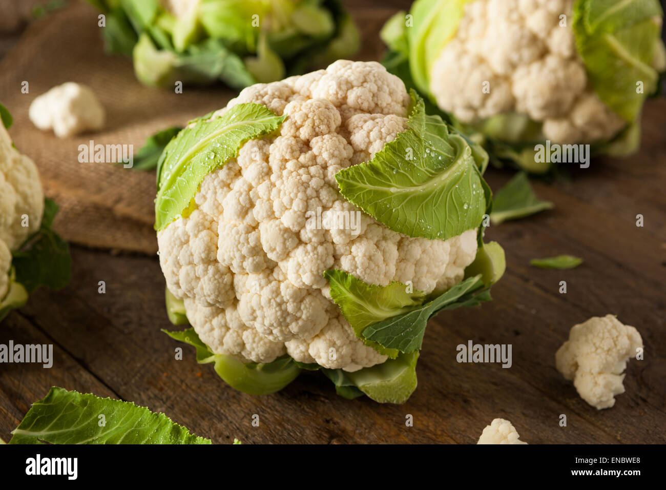 Rohe Bio Blumenkohl Köpfe mit frischen grünen Blättern Stockfoto