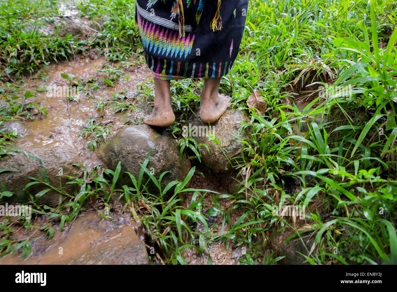 Eine Frau in traditionellen Geweben, die während einer Regenzeit auf einem ländlichen Pfad in West Manggarai, Flores Island, Indonesien, unterwegs ist. Stockfoto