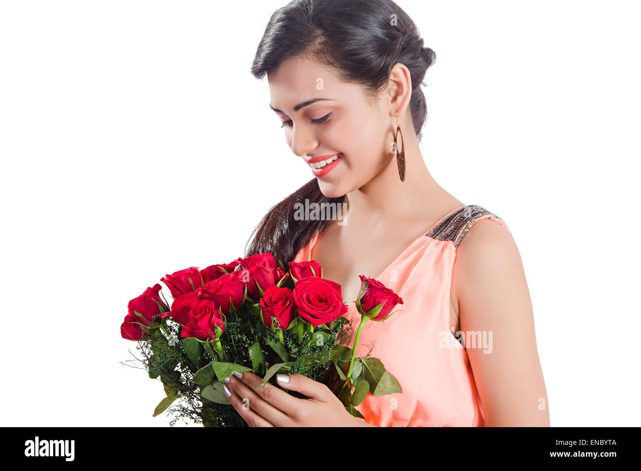 1 indische Frau Valentine Day Rose Bouquet Stockfoto