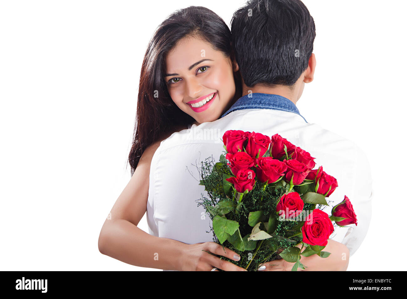 2 indische verheiratet Paare rose Bouquet Überraschung Valentinstag Stockfoto