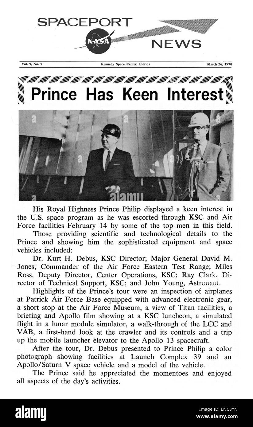 Ein Foto seiner Königlichen Hoheit Prinz Philip, der auf seiner Startrampe auf der Apollo 13-Raumsonde unterwegs ist, zeigt die Beteiligung des britischen Königs an der Weltraumforschung. Stockfoto