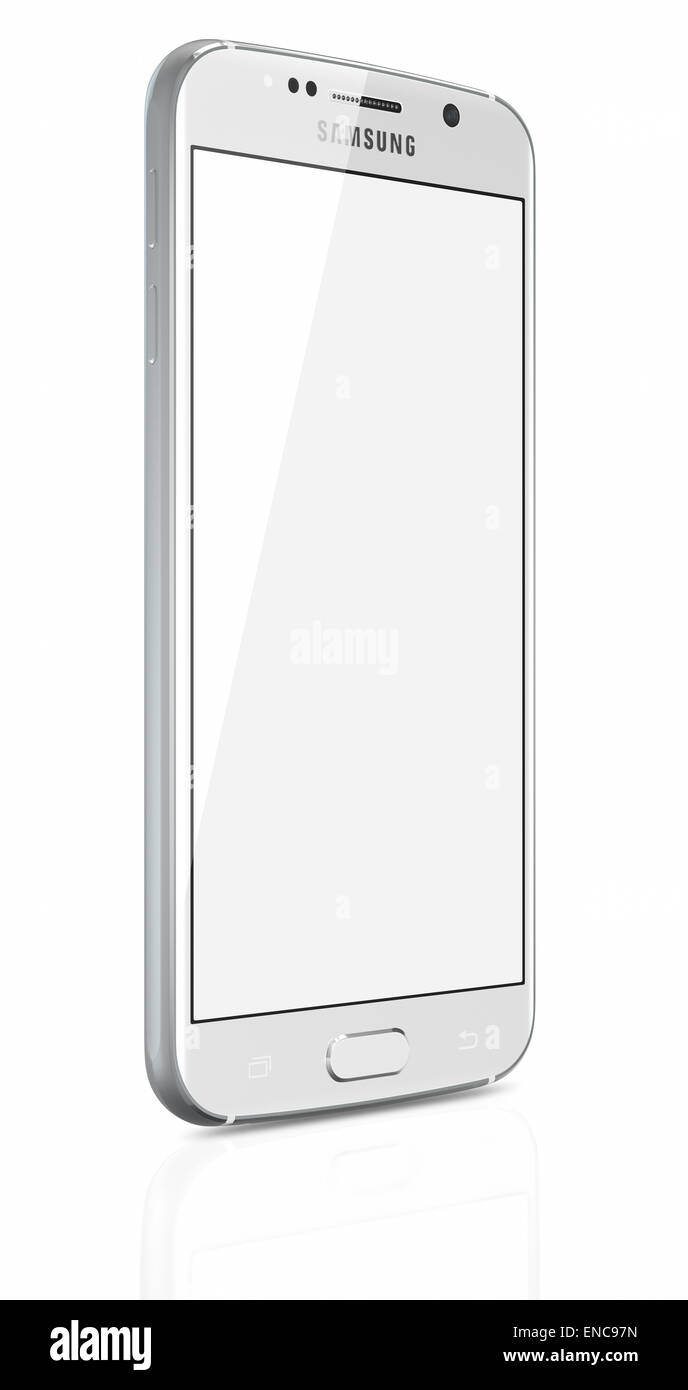 White Pearl Samsung Galaxy S6 mit leeren Bildschirm auf weißem Hintergrund. Stockfoto