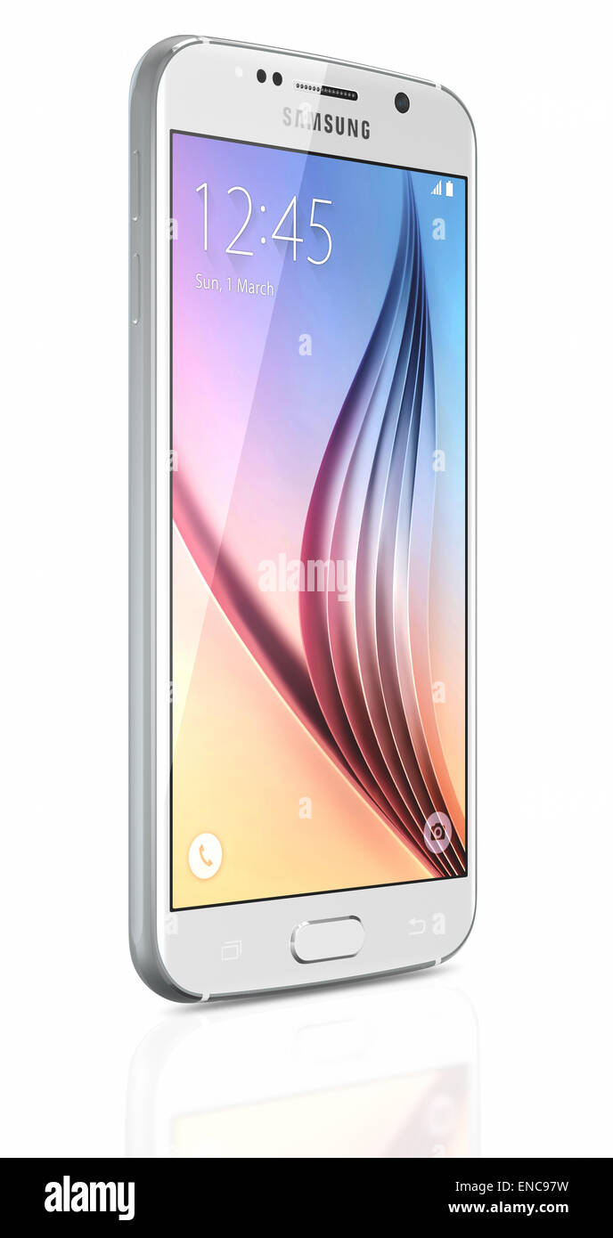 White Pearl Samsung Galaxy S6 Smartphone auf weißem Hintergrund. Stockfoto