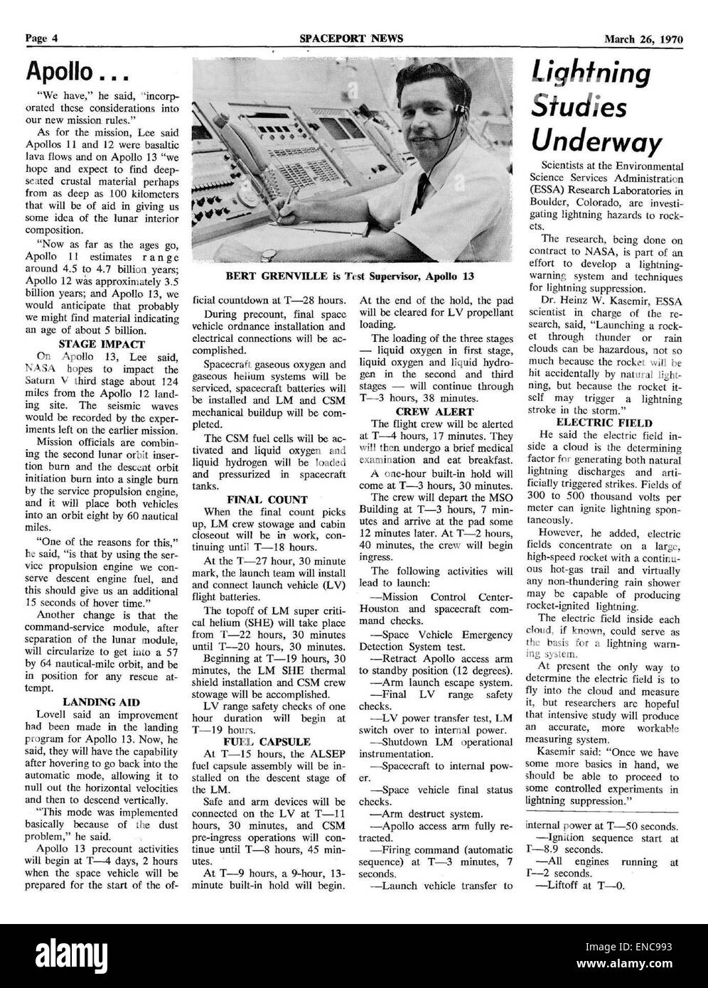 Ein Foto mit den Vorbereitungen für den Start der Apollo 13-Mission im Kennedy Space Center, das die wichtigsten Schritte in den letzten Phasen der Einsatzbereitschaft veranschaulicht. Stockfoto