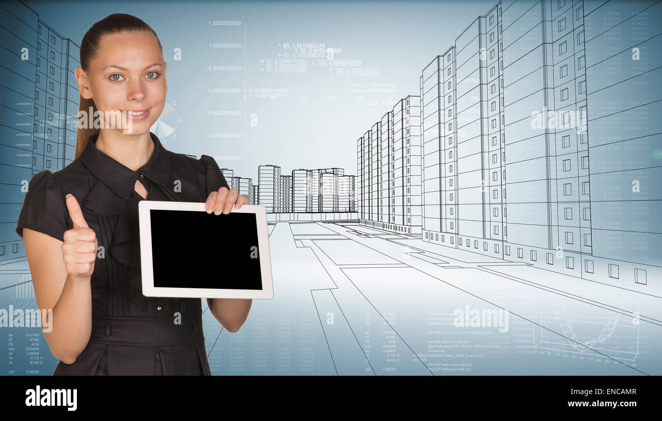 Lächelnde junge Frau Holging tablet Stockfoto