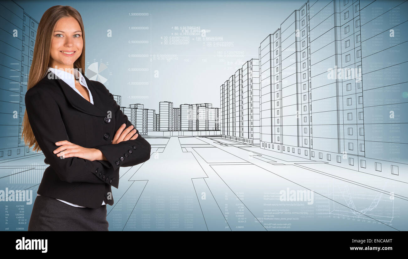 Die Hälfte drehte junge Frau mit verschränkten Armen Stockfoto