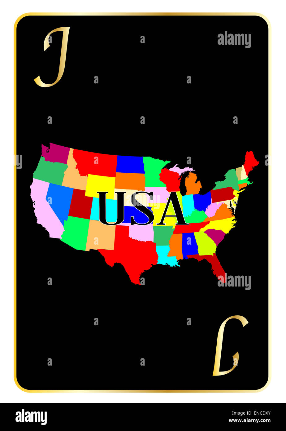 Der Umriß von der Vereinigte Staaten von Amerika als der Joker-Motiv in eine Spielkarte Stockfoto
