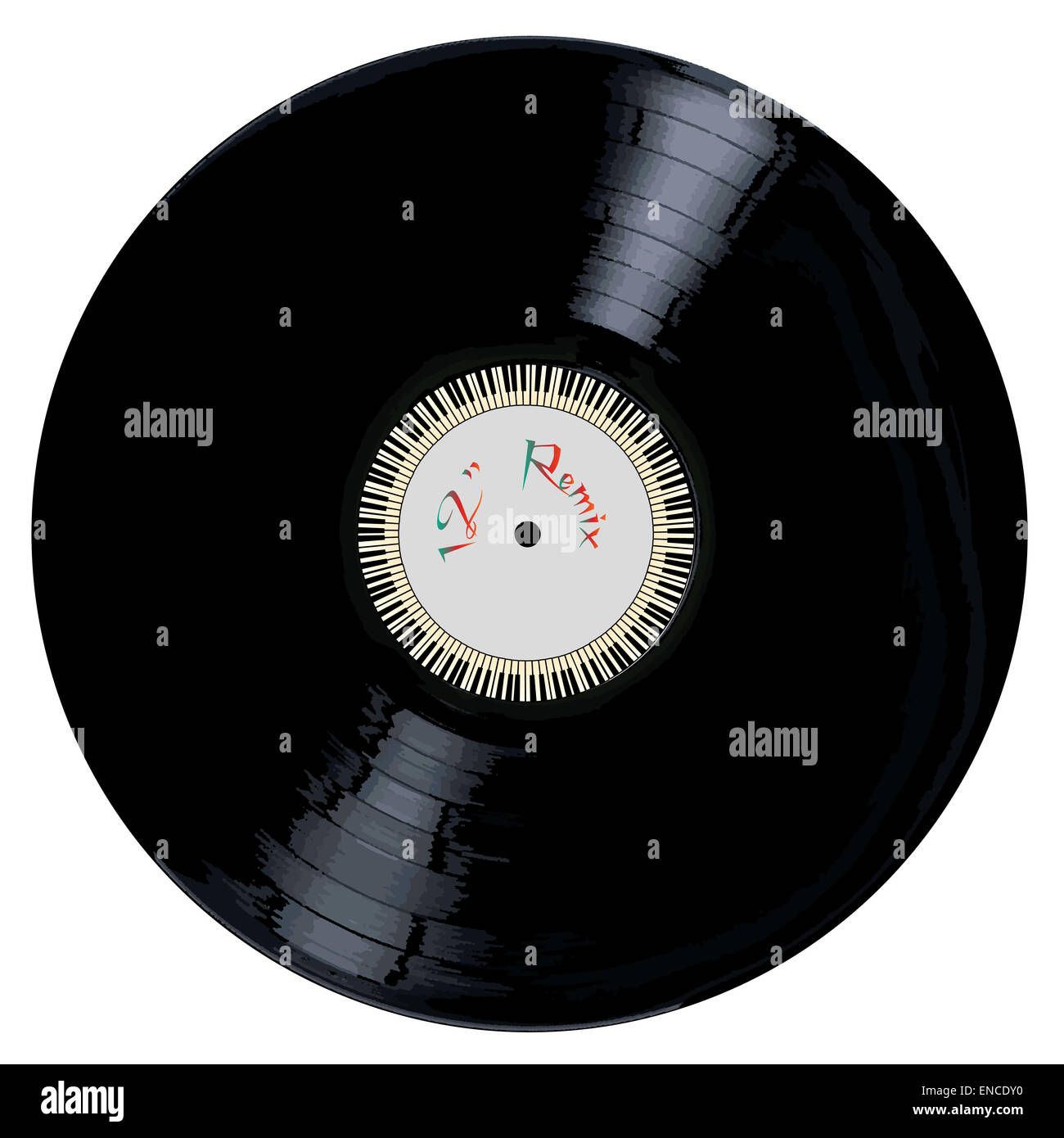 Eine typische LP Vinyl-Schallplatte mit der Legende 12-Zoll-REMIX und ein  Kreis von Klaviertasten überall auf einem weißen Hintergrund  Stockfotografie - Alamy