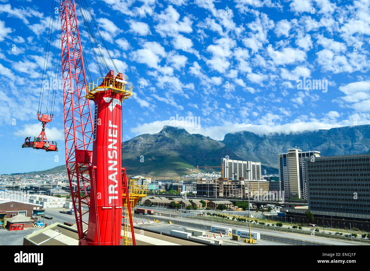 Transnet-Kran im Hafen von Kapstadt, Südafrika, mit dem Tafelberg im Hintergrund Stockfoto