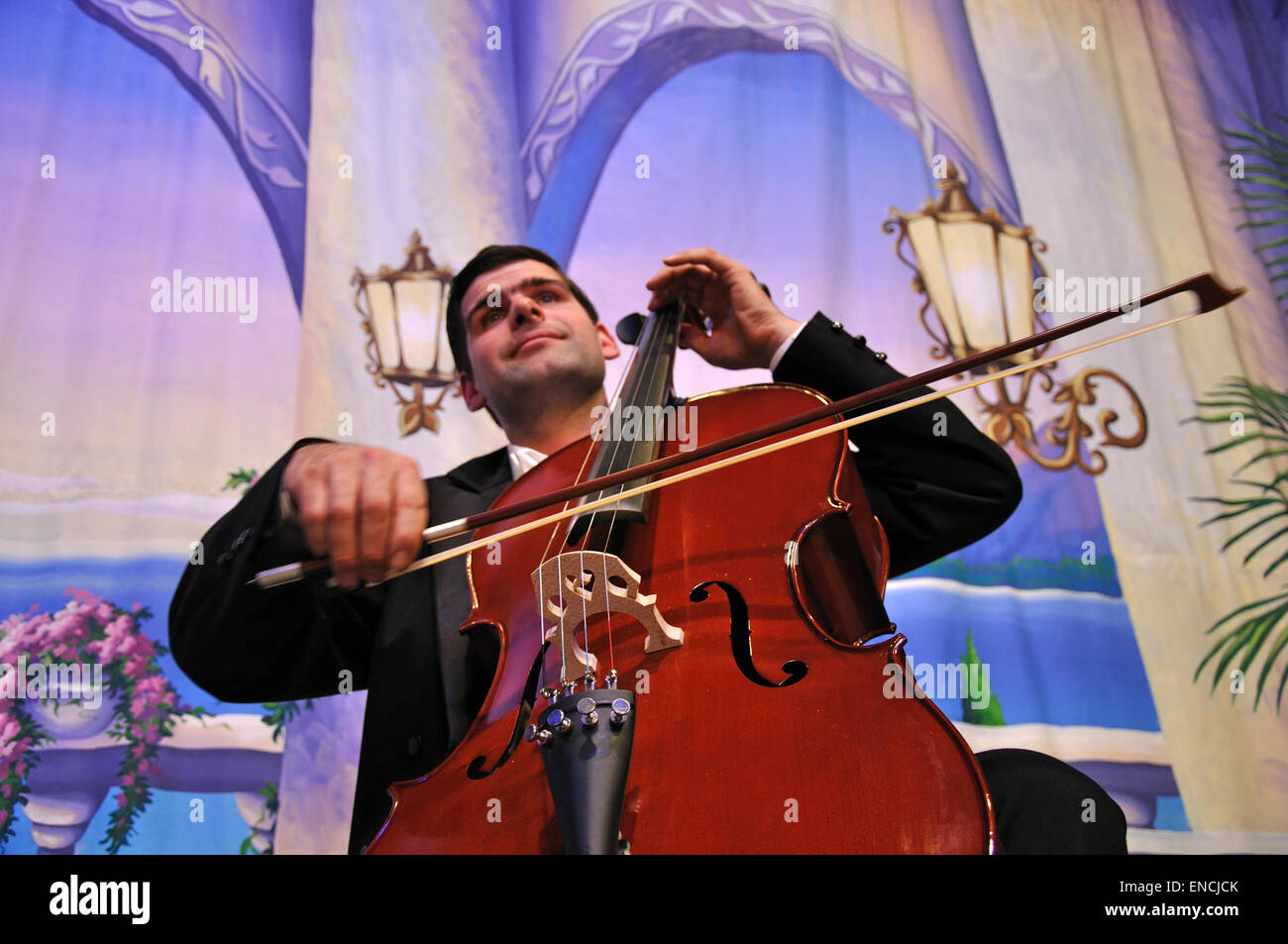 Reifer Mann im Cellospiel Galadinner-Kostüm Stockfoto