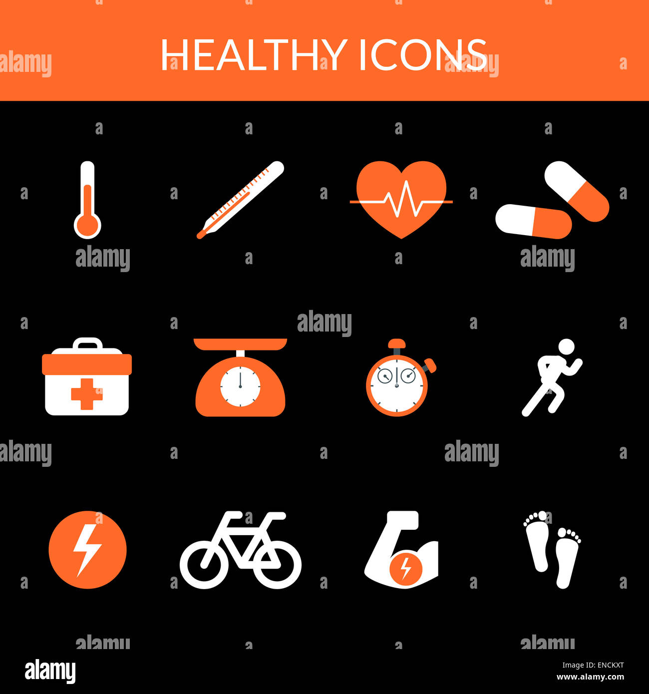 Weiß und orange gesunde Symbole Satz isoliert auf schwarz Stockfoto