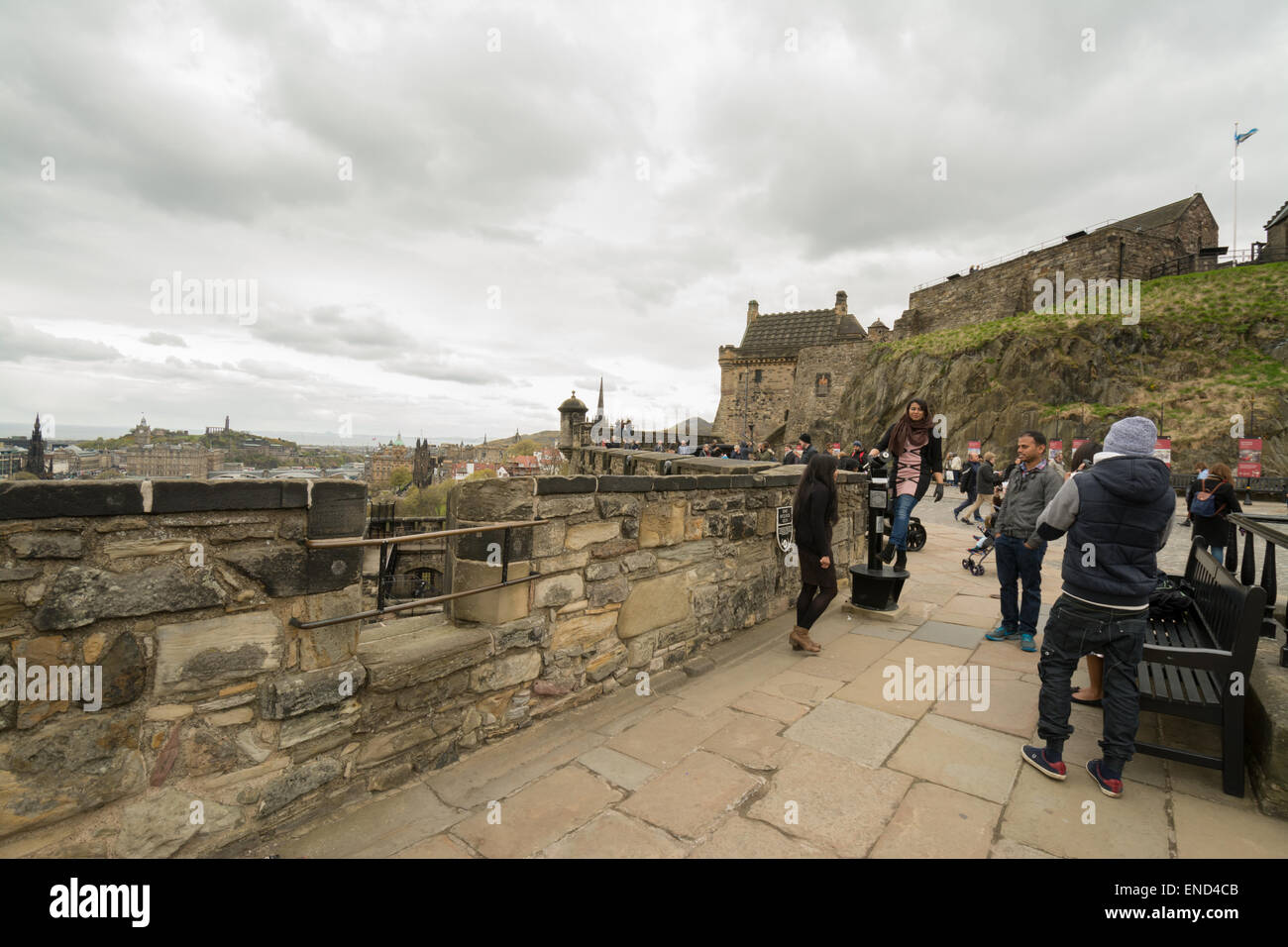 Gruppe von jungen Touristen in Edinburgh Castle an einem kalten Frühlingstag Stockfoto