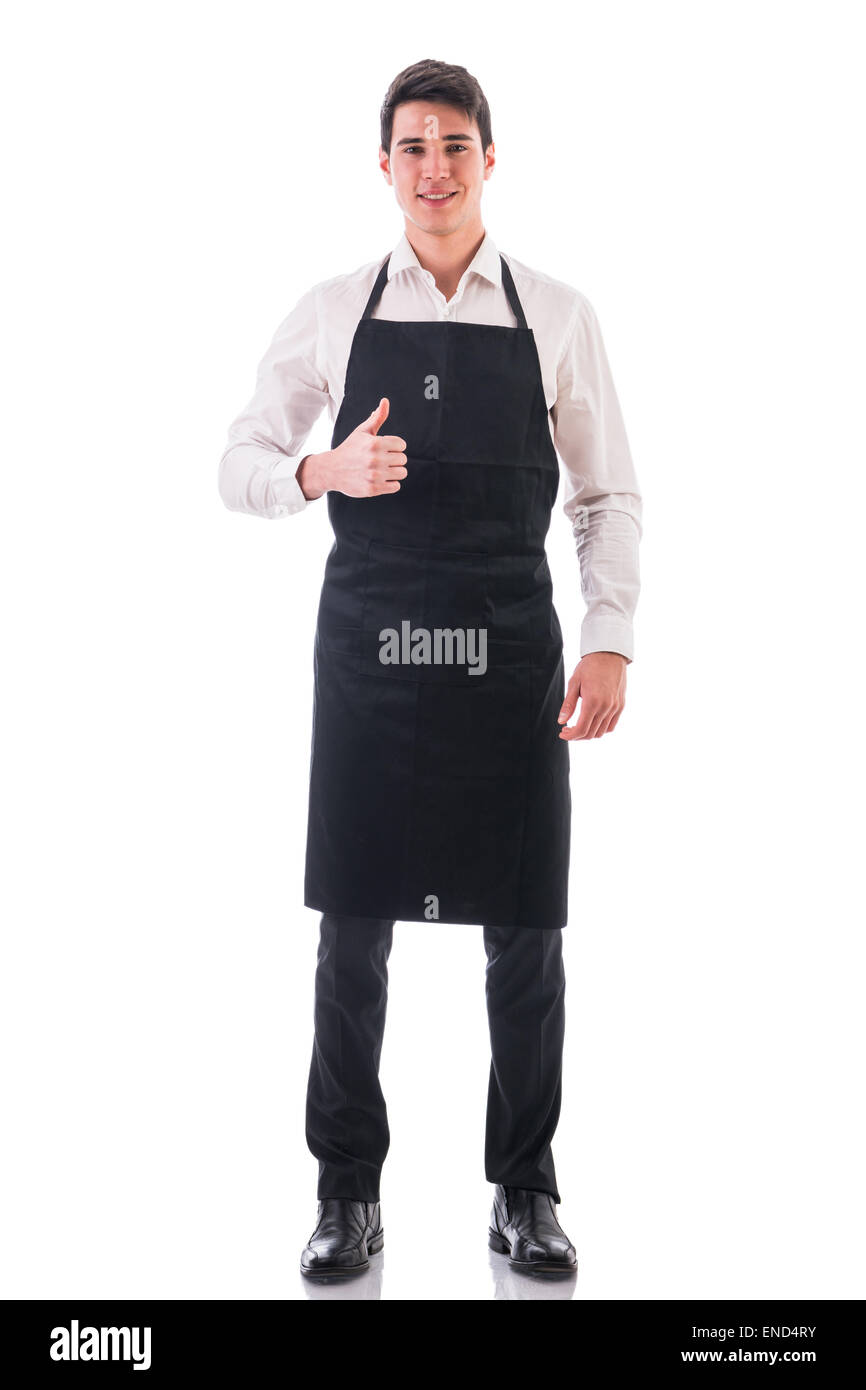 Voller Länge schoss der junge Koch oder Kellner posiert isoliert Stockfoto