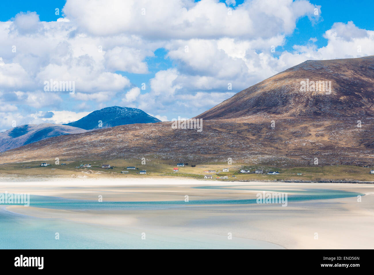 Blick über die Bucht bei Luskentyre, einer der schönsten Strände der Welt, Harris, Schottland Stockfoto