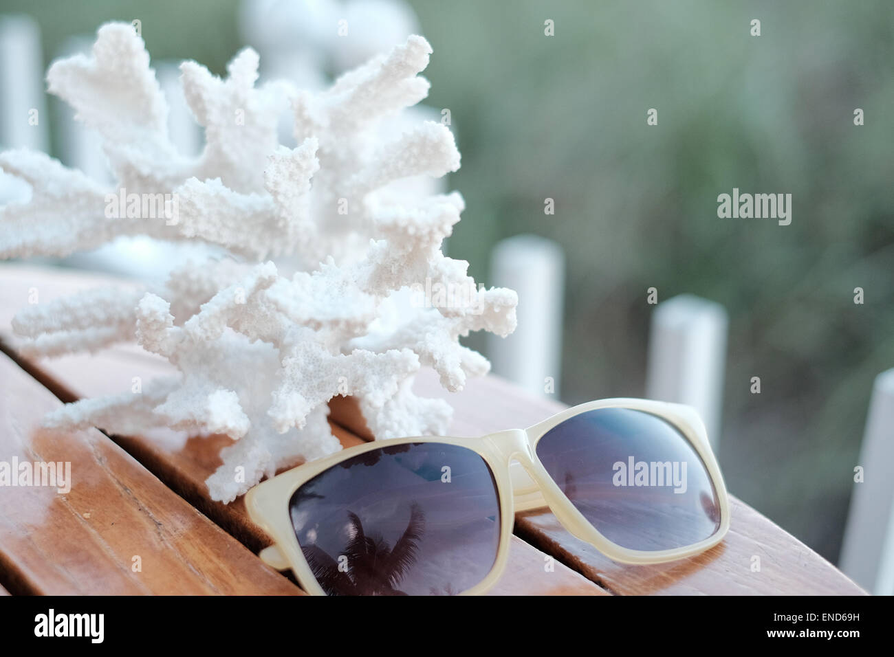 Sonnenbrille neben Korallen in einer Strandbar, Miami Stockfoto