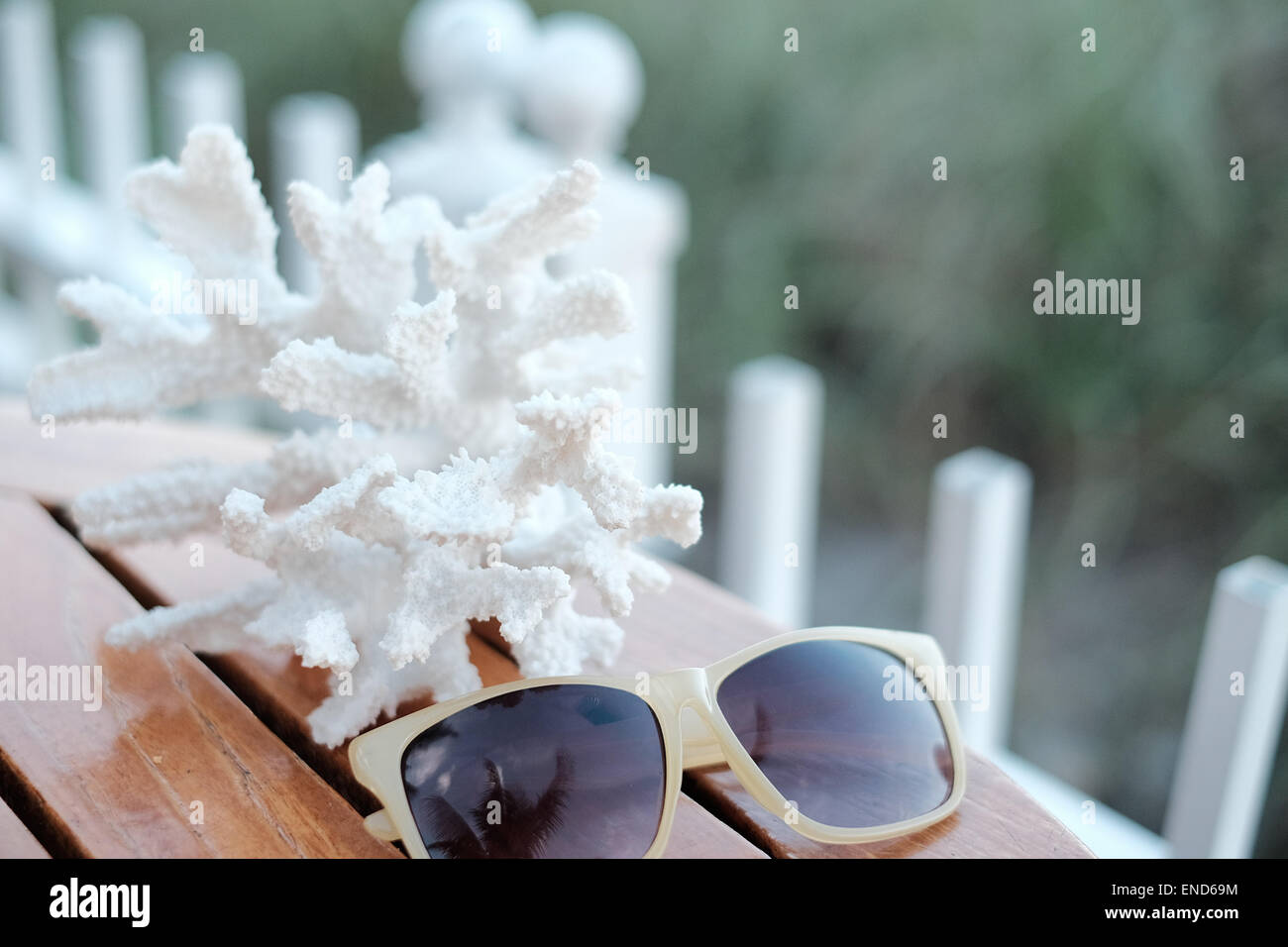 Sonnenbrille neben Korallen in einer Strandbar, Miami Stockfoto