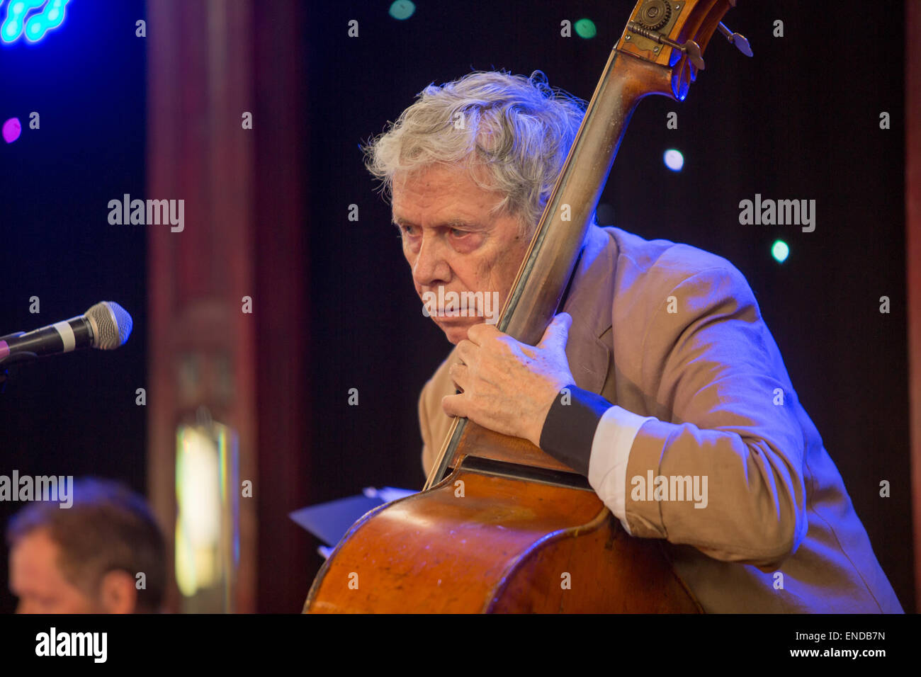 Herbie Flowers Jazz Frühstück mit Herbie Flowers on Bass im Brighton Spiegeltent, Brighton Fringe, Old Steine, Brighton, East Sussex, UK. 3.. Mai 2015 Stockfoto