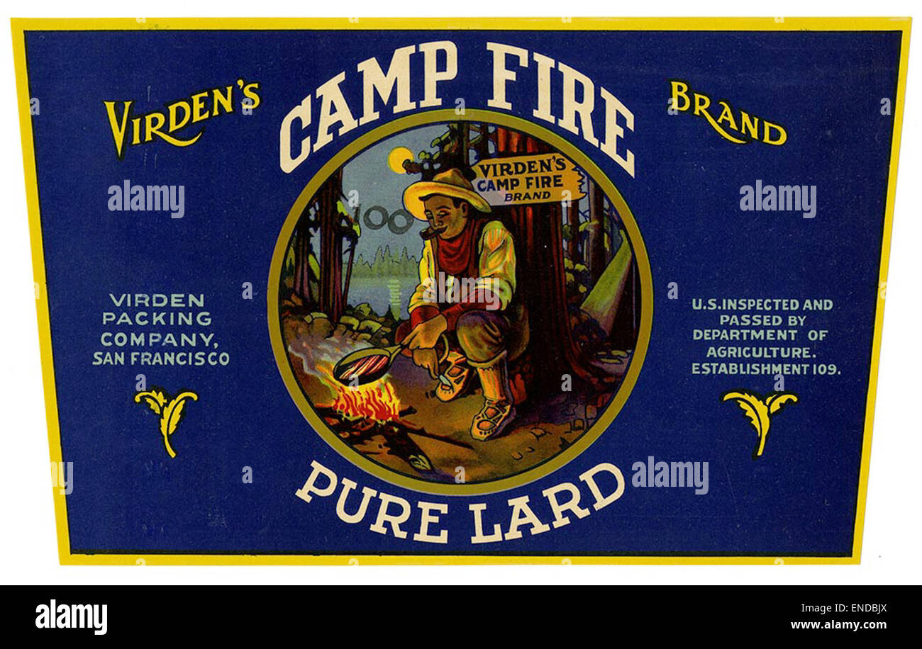 Dieses Vintage-Schmalz-Label aus dem frühen 20. Jahrhundert repräsentiert das Branding von Virden’s Camp Fire Brand. Produziert von der Lehmann Printing and Lithographing Co., reflektiert er das frühe amerikanische Werbe- und Verpackungsdesign. Stockfoto