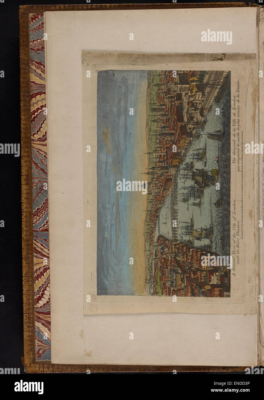 Dieser Panoramablick auf London mit der Themse fängt die geschäftige Landschaft und architektonische Wahrzeichen der Stadt ein. Das Kunstwerk stammt aus dem 18. Jahrhundert und spiegelt die historische Entwicklung der Stadt wider. Stockfoto