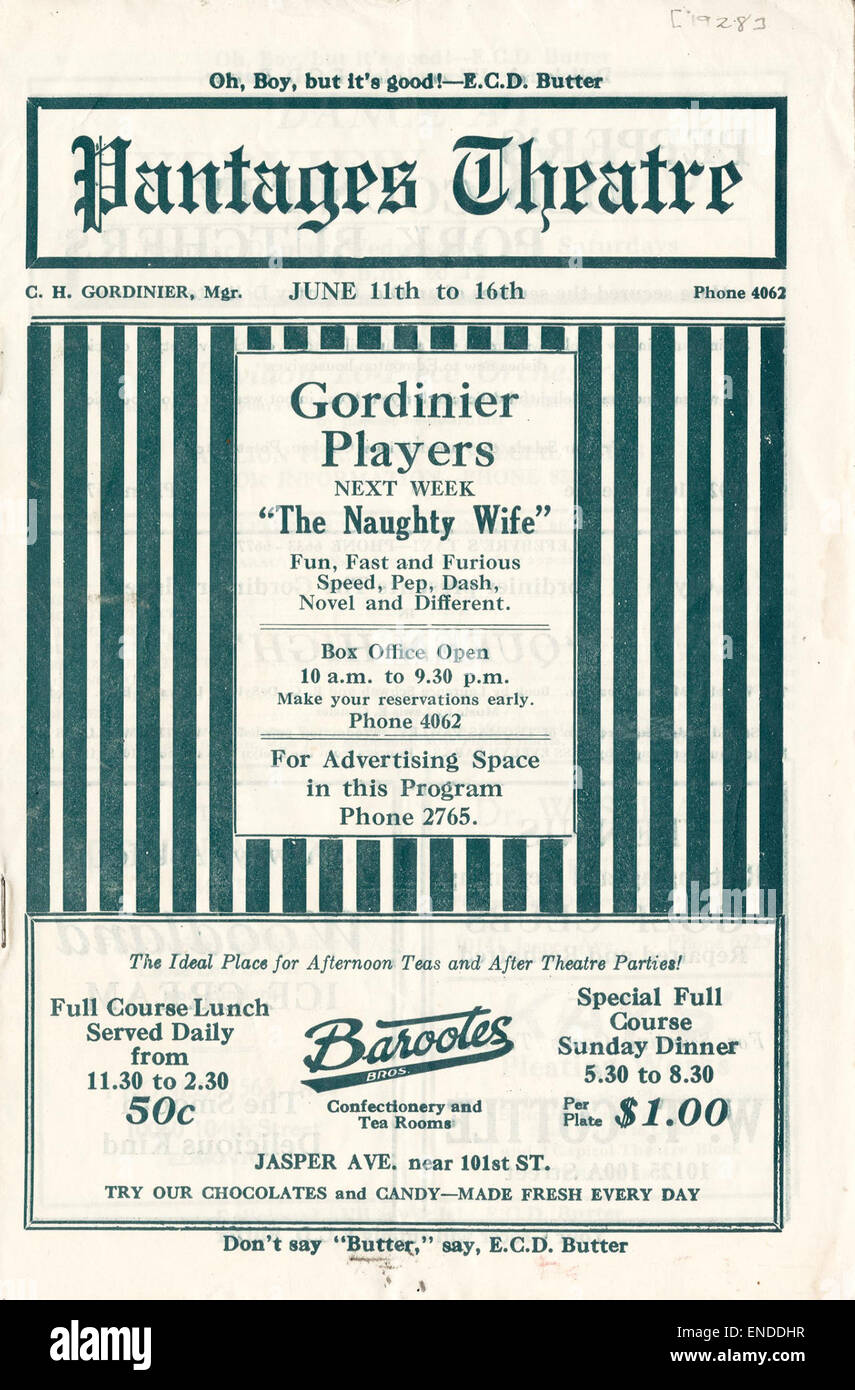 *The Naughty Wife* war eine Varieté-Show mit komödiantischen Auftritten und unbeschwerten Dramen. Das Programm zeigt die Vielfalt der Unterhaltung, die typisch für das Varieté des frühen 20. Jahrhunderts ist. Stockfoto