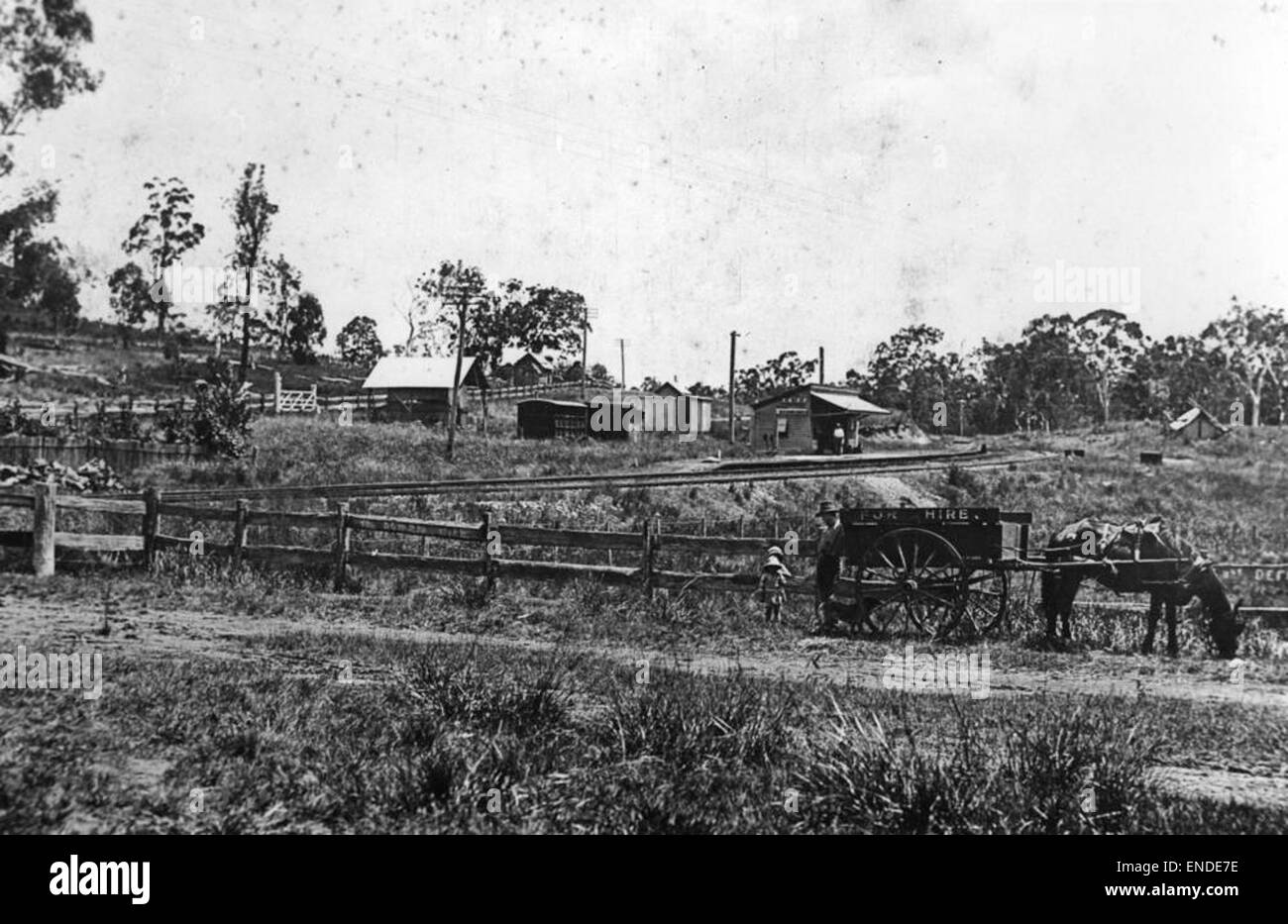 Diese Landszene im Beerburrum in Queensland, Australien, fängt das friedliche ländliche Leben in der Region ein. Das Gemälde zeigt offene Felder, Bauernhäuser und die natürliche Landschaft der Gegend und bietet einen ruhigen Blick auf das australische Landleben. Stockfoto