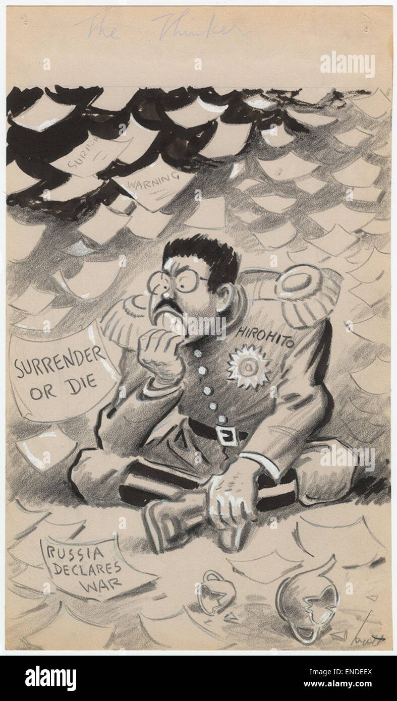 Ein politischer Zeichentrick aus Kriegszeiten, der Hirohito, den Kaiser von Japan während des Zweiten Weltkriegs, darstellt. Das Bild verwendet *den Thinker* als symbolische Darstellung des Kaisers während des Konflikts. Stockfoto