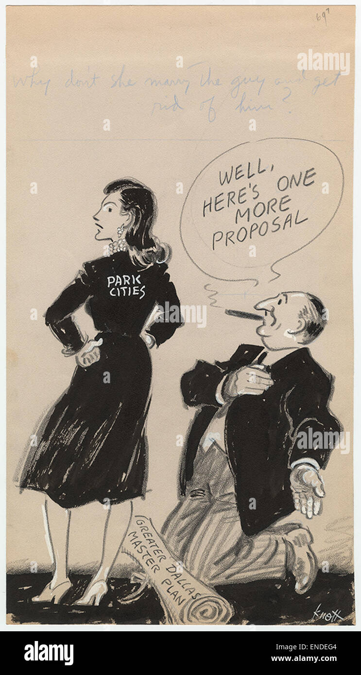 Dieser politische Zeichentrick befasst sich mit Ehe- und Sozialfragen im Kontext der texanischen Politik und spiegelt lokale Bedenken über die Vorschläge der Park Cities und die Stadtentwicklungspläne von Greater Dallas wider. Stockfoto